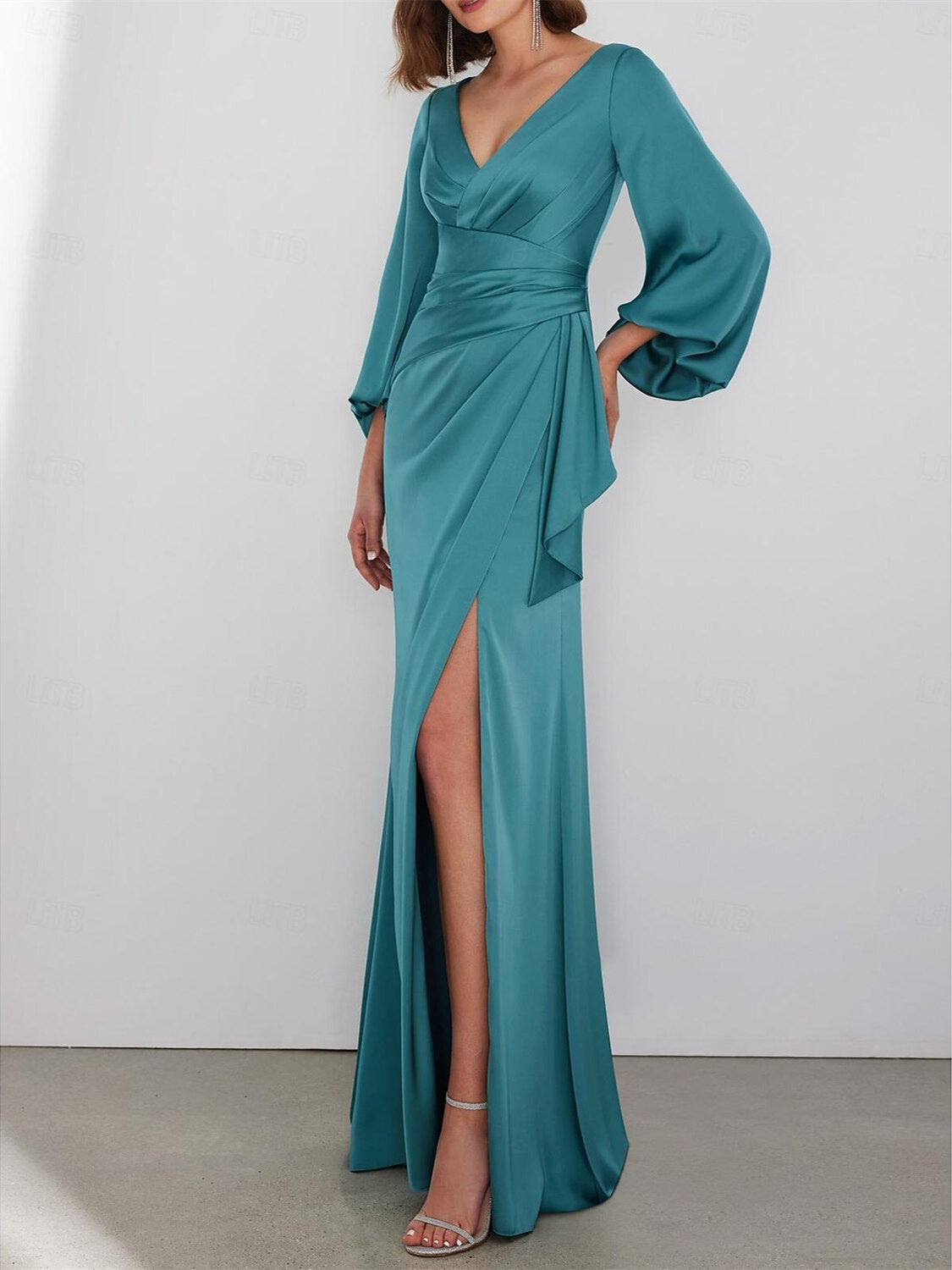 A-Line/Princess Floor Length Long Sleeve V Neck Wedding Guest Dresses Tie Charmeuse with Ruched