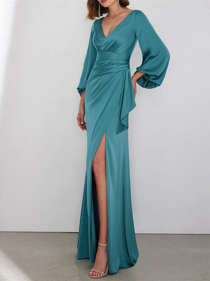 A-Line/Princess Floor Length Long Sleeve V Neck Wedding Guest Dresses Tie Charmeuse with Ruched