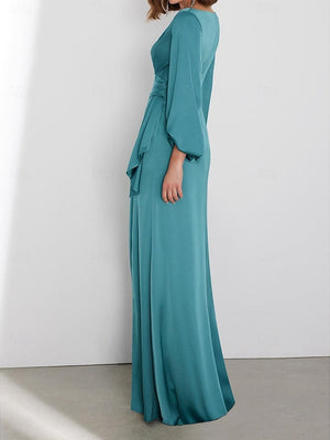 A-Line/Princess Floor Length Long Sleeve V Neck Wedding Guest Dresses Tie Charmeuse with Ruched