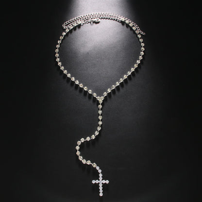 Cool Hip Hop Cross Pendant Rhinestone Long Necklace