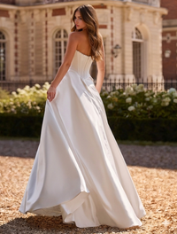 A-Line/Princess Formal Wedding Dress White Satin Strapless Ballgown with Corset Bodice and Pearl Embellishments