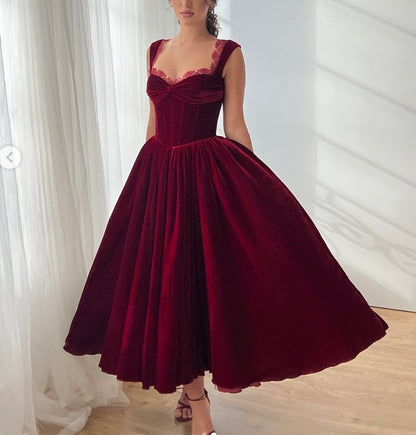 A Line Cocktail Dress Sleeveless Party Dress Tea Length Velvet Formal Dress Vintage Lace Elegant Princess