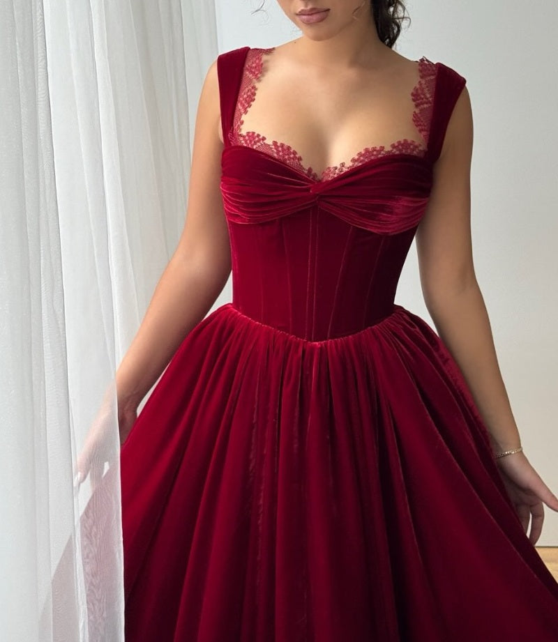 A Line Cocktail Dress Sleeveless Party Dress Tea Length Velvet Formal Dress Vintage Lace Elegant Princess