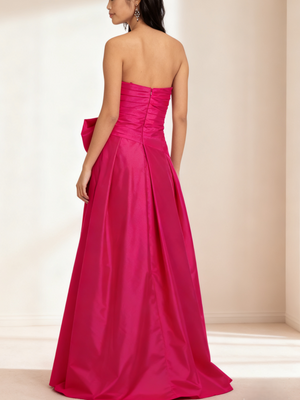 A-Line/Princess Pleated Taffeta Prom Dresses Strapless Sleeveless Floor-Length With Side Split&Bow