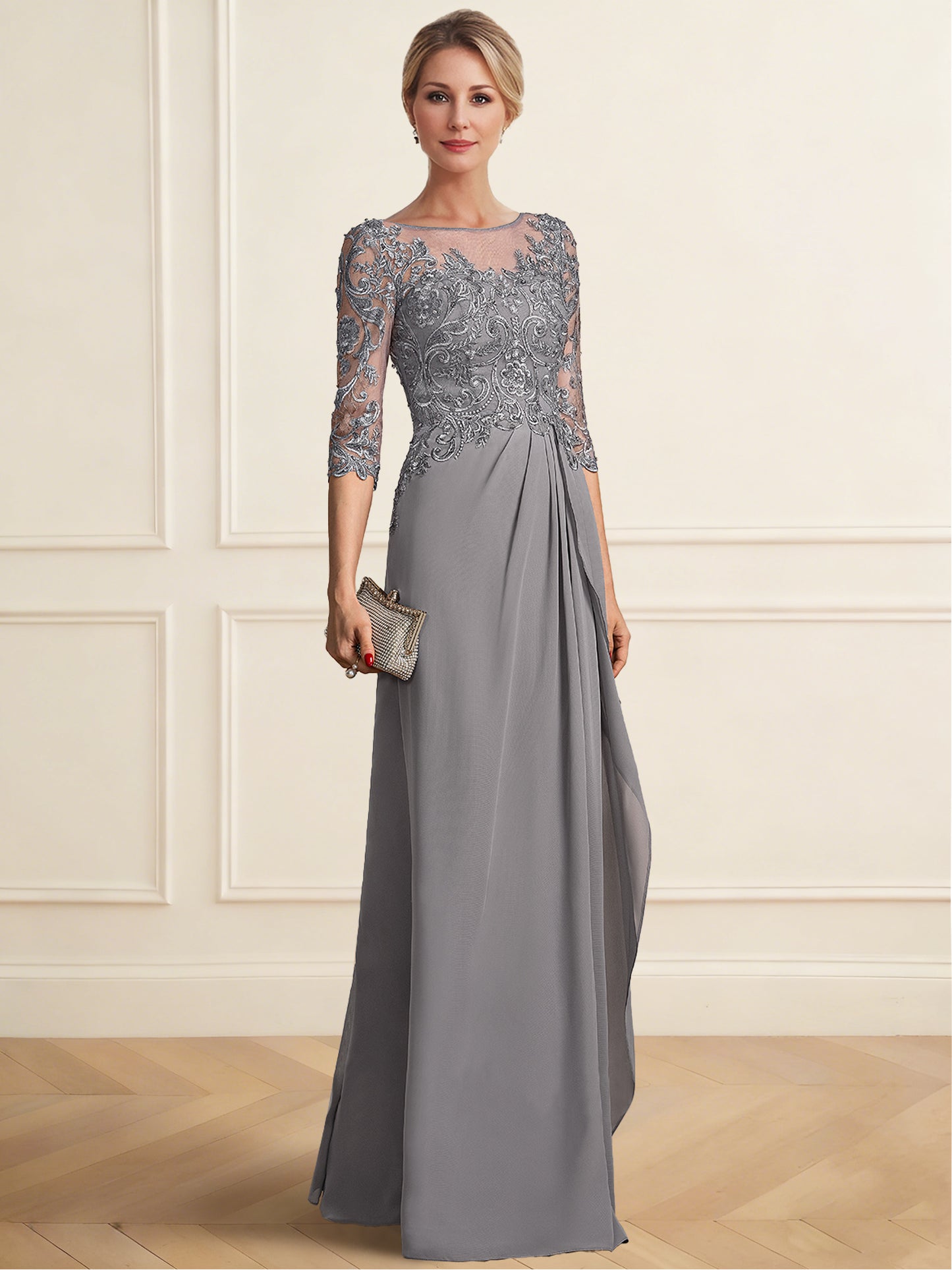 Sheath/Column Mother of the Bride Dresses Chiffon Elegant Dress V Neck Short Sleeves Floor-Length With Sequins Appliques pleated