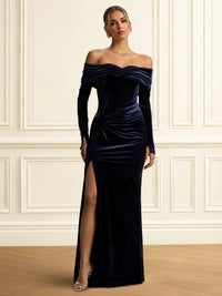 Mermaid Velvet Evening Gown Floor Length Off The Shoulder Long Sleeves With Back Zipper Ruched With High Split