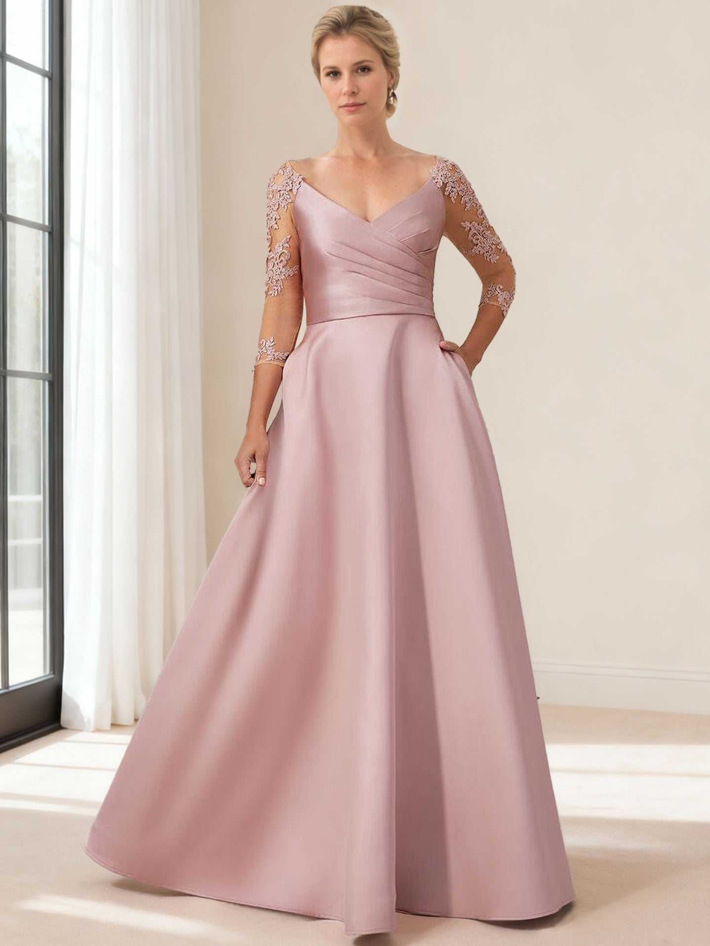 A-Line/Princess Mother Of The Bride Dress V Neck Long Sleeves Floor-Length Satin Formal Dress With Appliques Pocket