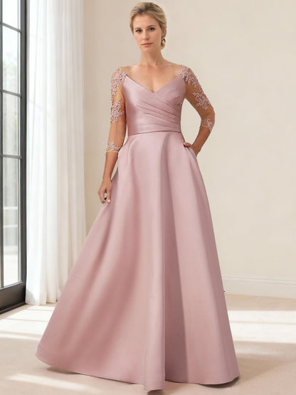 A-Line/Princess Mother Of The Bride Dress V Neck Long Sleeves Floor-Length Satin Formal Dress With Appliques Pocket