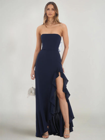 Sheath/Column Prom Dresses Off The Shoulder Sleeveless Ankle Length Back Bow Wedding Guest Dress With Side Slit Ruffle