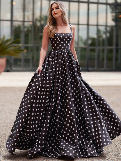 A-Line/Princess Stain Square Neck Sleeveless Floor-Length Backless Prom Dresses With Polka Dots