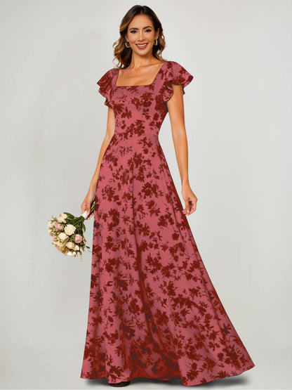 A-Line/Princess Velvet Wedding Guest Dress Square Neck Sleeveless Floor Length Bridesmaid Dress