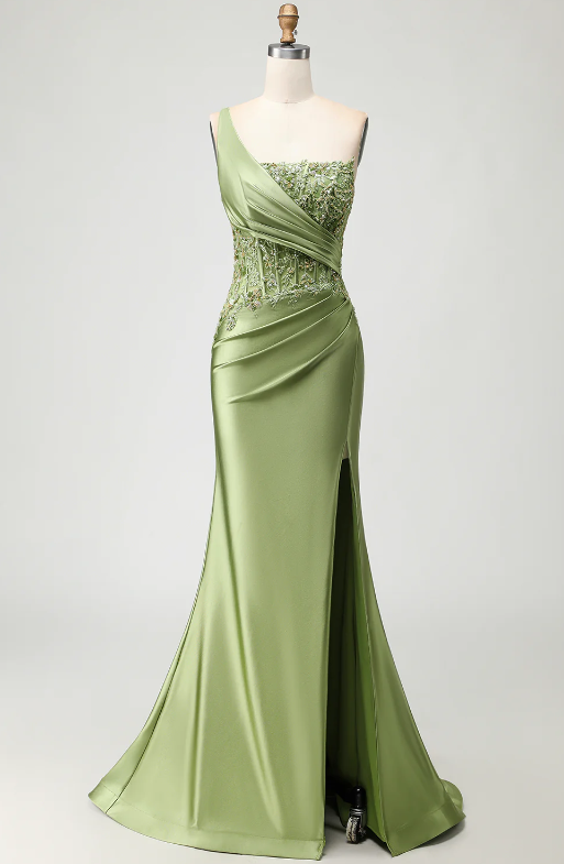 Trumpet/Mermaid Long Prom Dresses Satin Corset Formal Dresses One-Shoulder Sleeveless Floor-length Evening Dresses With Side Split&Appliques