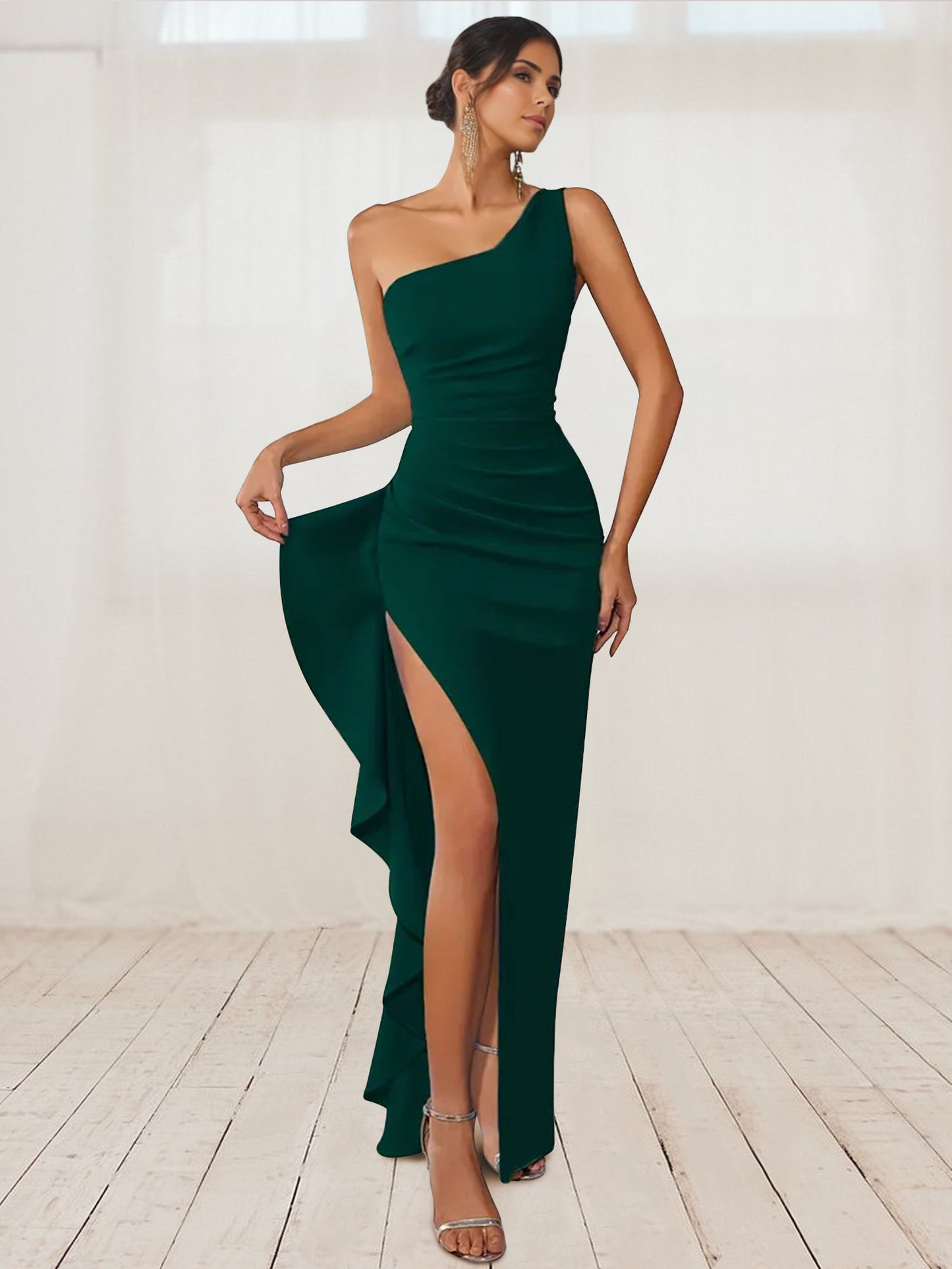 Sheath/Column Stain One-Shoulder Sleeveless Floor-Length Prom Dresses With High Side Slit &Ruffle