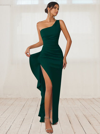 Sheath/Column Stain One-Shoulder Sleeveless Floor-Length Prom Dresses With High Side Slit &Ruffle