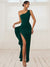 Sheath/Column Wedding Guest Dress Satin One-Shoulder Sleeveless Floor-Length Prom Dresses With High Side Split &Ruffle