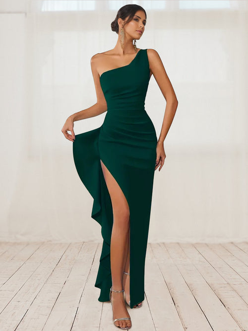 Sheath/Column Wedding Guest Dress Satin One-Shoulder Sleeveless Floor-Length Prom Dresses With High Side Split &Ruffle