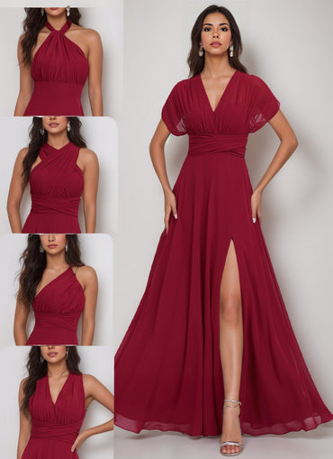 A-Line/Princess  Halter One Shoulder V-Neck Floor-Length Chiffon Bridesmaid Dress