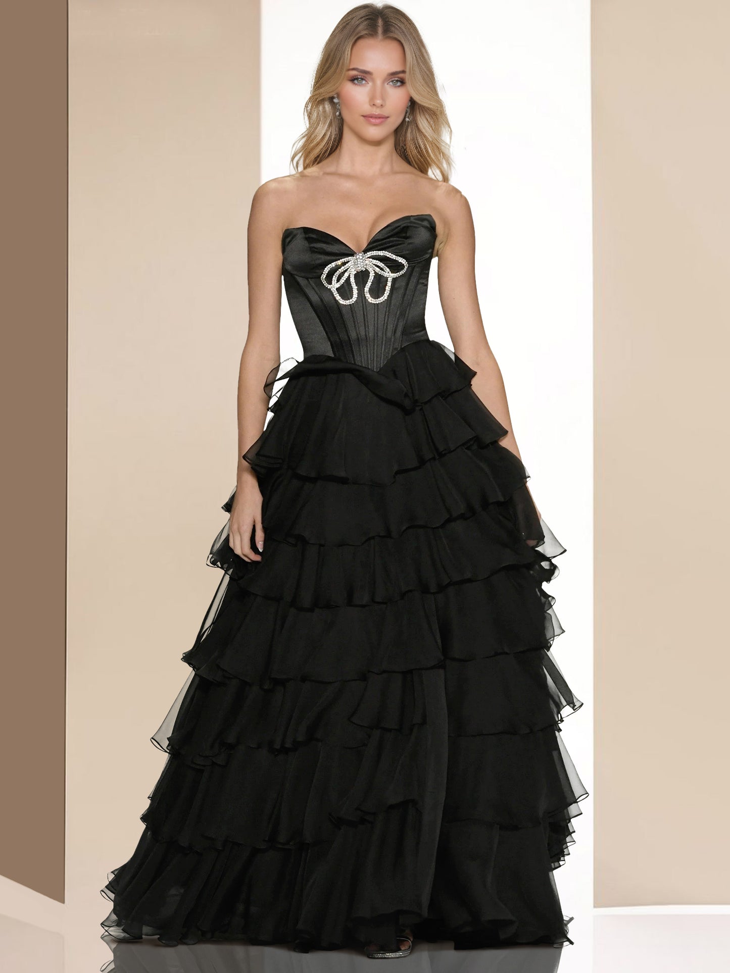 A-Line/Princess Tulle Sweetheart Sleeveless Floor-Length Prom Dresses With Decorated rhinestone bow