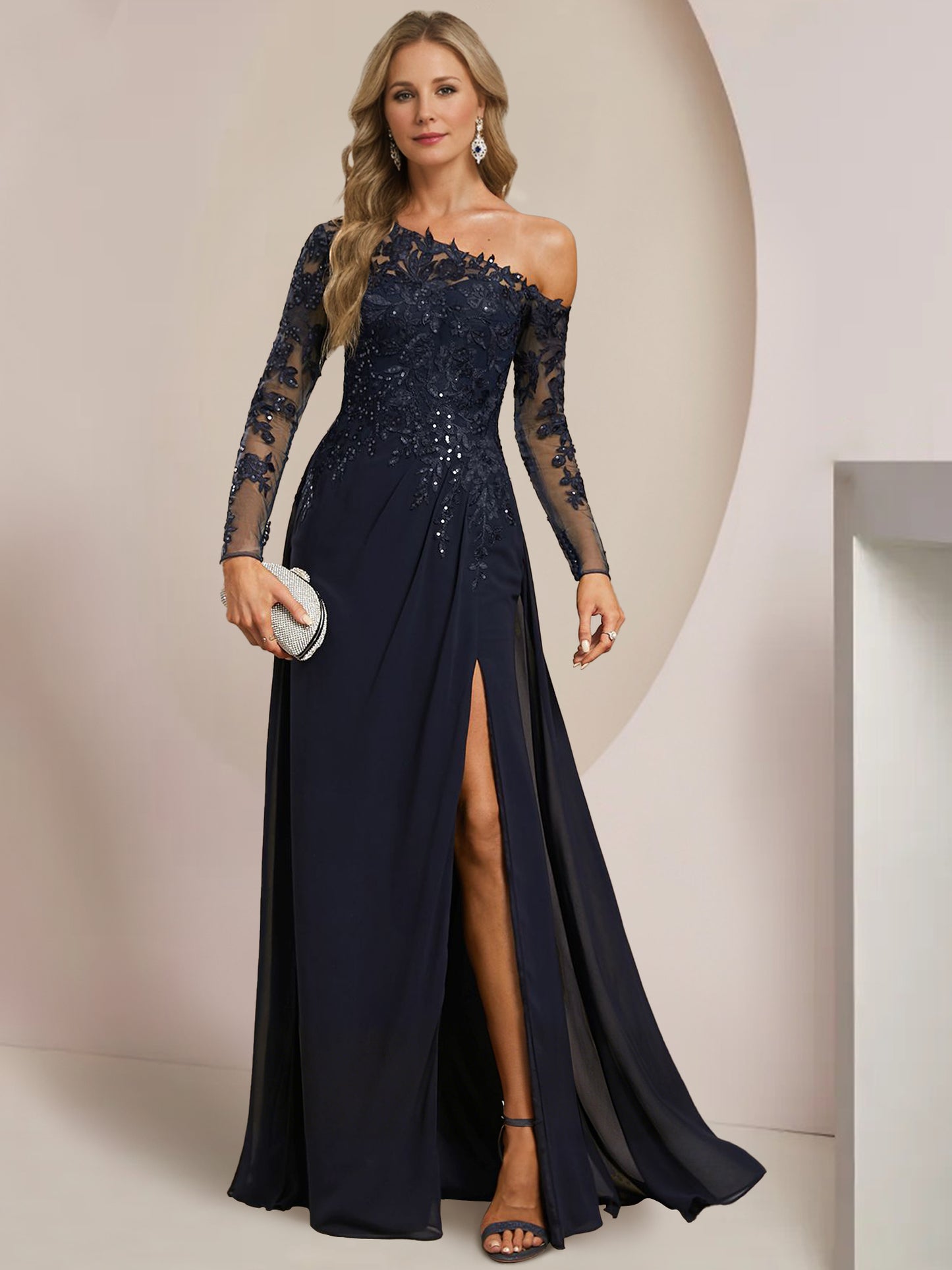 A-Line/Princess One-Shoulder Long Sleeves Floor Length Mother of the Bride Dresses with High Split