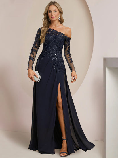 A-Line/Princess One-Shoulder Long Sleeves Floor Length Mother of the Bride Dresses with High Split