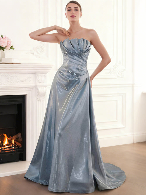 A-Line/Princess Liquid Satin Sweetheart Sleeveless Floor Length Evening Dress With Pleats