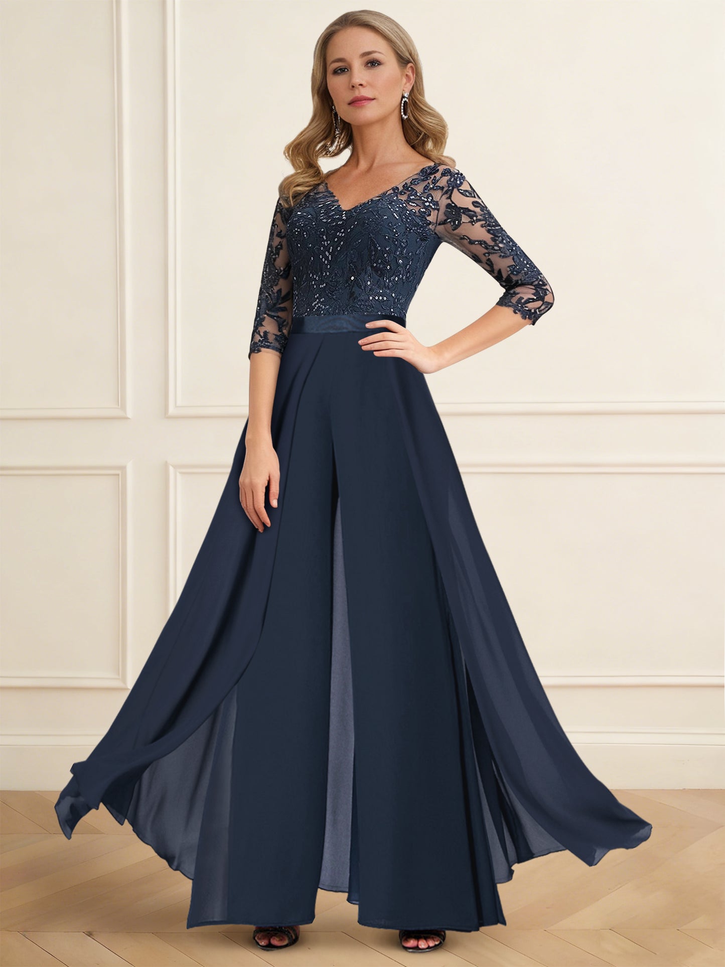 A-Line Mother of the Bride Jumpsuit Chiffon Appliques Elegant V-Neck Half Sleeves Floor-Length With Detachable Overskirt