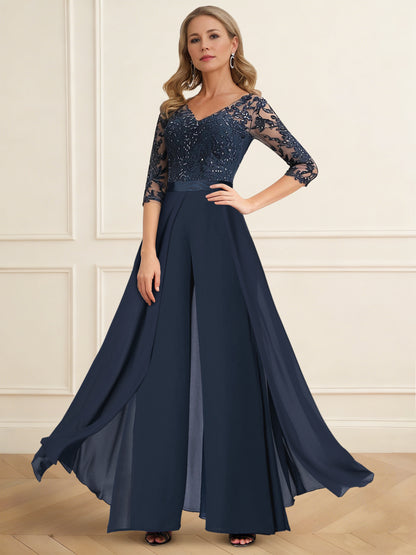 A-Line Mother of the Bride Jumpsuit Chiffon Appliques Elegant V-Neck Half Sleeves Floor-Length With Detachable Overskirt