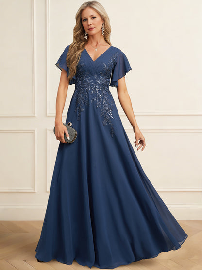 A-Line Mother of the Bride Dresses Chiffon Elegant Dress V Neck Short Sleeves Floor-Length With Sequins Appliques