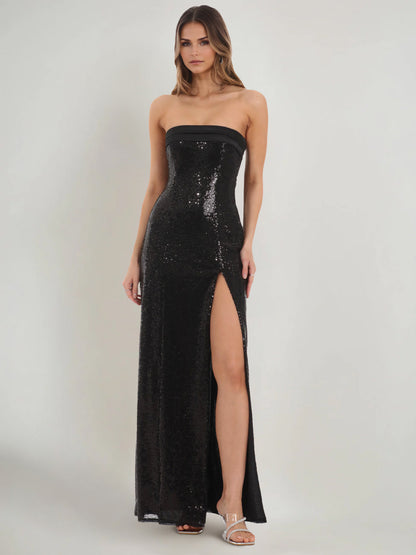 Sheath/Column Prom Dress Wedding Guest Dress Off The Shoulder Sleeveless Ankle Length Sequin Dresses With Side Slit