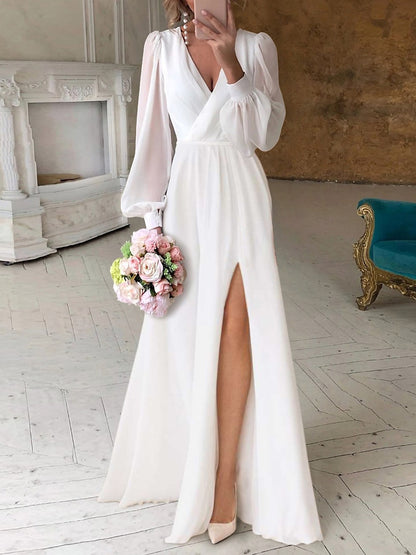 A-Line/Princess Little White Dresses Chiffon Formal/Wedding Dresses V-Neck Long Sleeves Floor-Length Daily Dresses With Pleats&Front Split