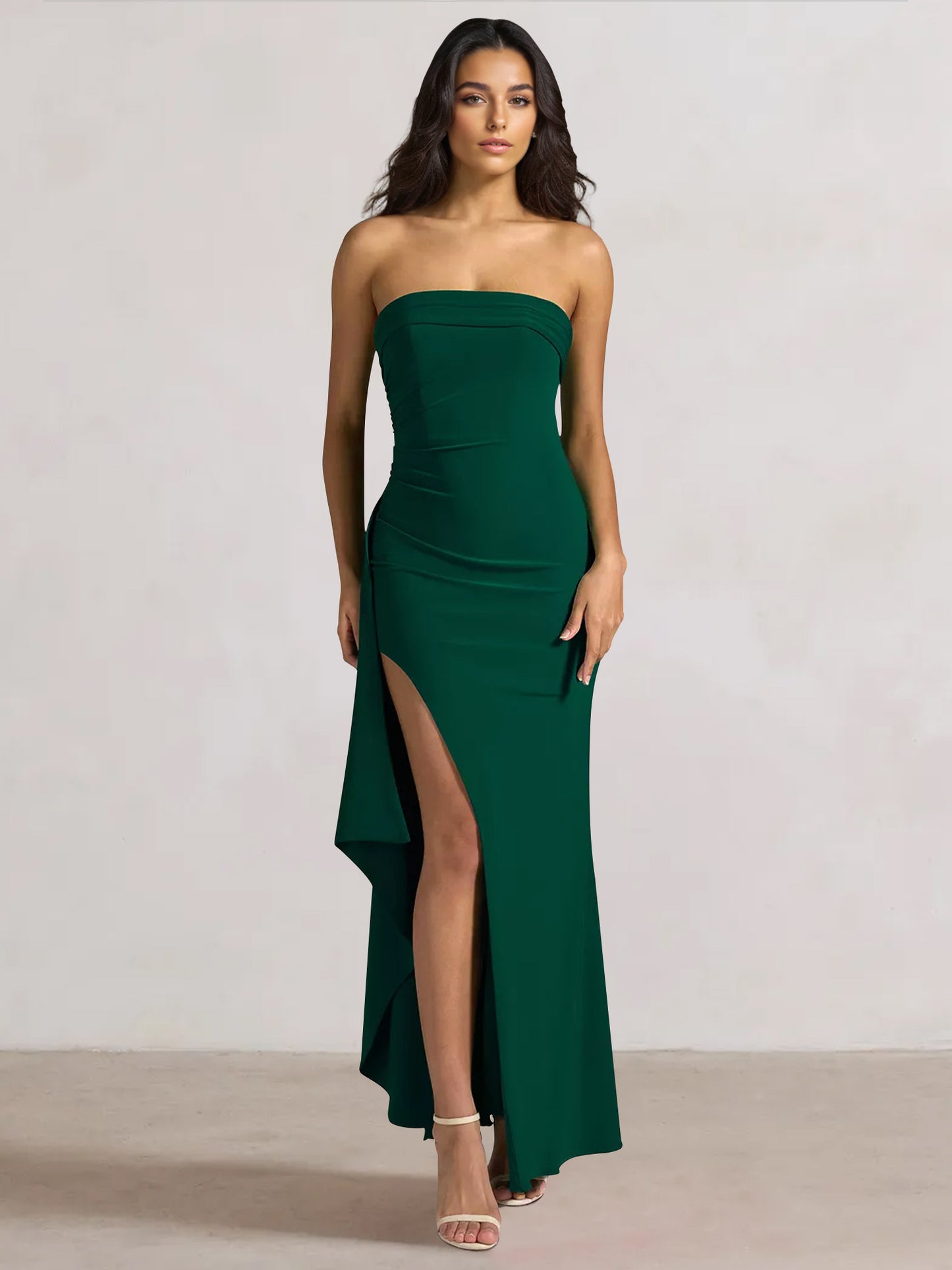 Sheath/Column Prom Dresses Off The Shoulder Sleeveless Ankle Length Wedding Guest Dress With Side Slit Ruffle
