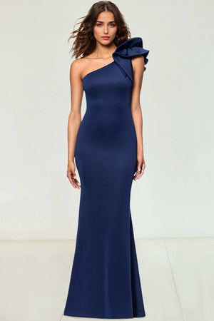 Sheath/Column Satin Evening Dress One-Shoulder With Ruffle Sleeveless Floor-Length Wedding Guest Dresses