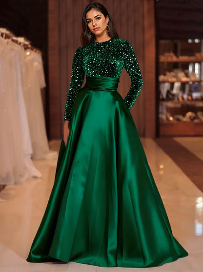 A-Line Sequin Formal Christmas Green Dress Elegant Evening Gown Floor Length Long Sleeve High Neck Fall Wedding Guest Party Mother Of The Bride Dresses