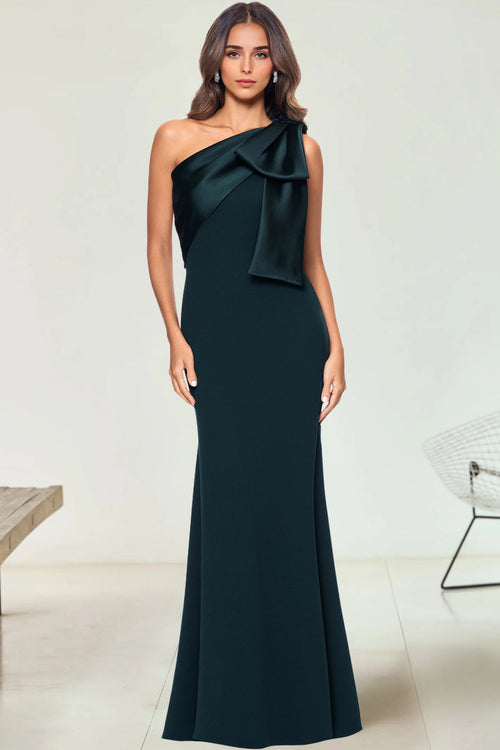 Sheath/Column Evening Dress Stretch Crepe & Satin Bow One-Shoulder Sleeveless Floor-Length Wedding Guest Dresses