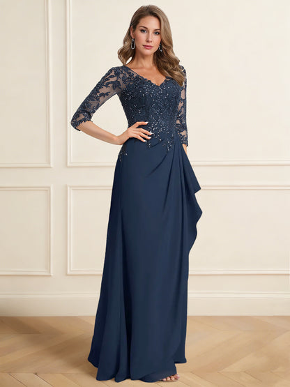 A-Line/Princess Mother of the Bride Dresses Chiffon Appliques Elegant Dress V-Neck Half Sleeves Floor-Length With Sequins Ruched