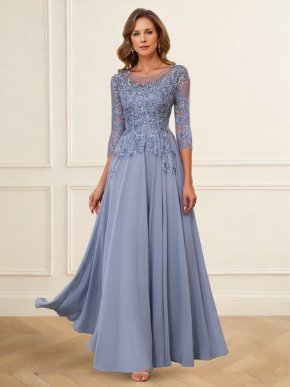 A-Line Mother of the Bride Dresses Chiffon Appliques Elegant Dress Scoop Neck Half Sleeves Floor-Length With Lace Ruched