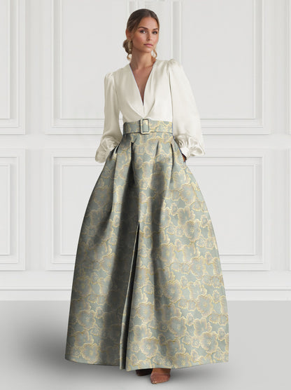 A-Line Mother Of The Bride Dress Floral High Split Evening Gown Formal Wedding Guest Floor Length Long Sleeve V Neck Belt / Sash Satin with Slits