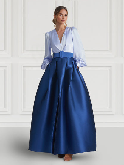 A-Line Evening Gown High Split Dress Formal Wedding Guest Floor Length Long Sleeve V Neck Belt / Sash Satin with Pleats Slit