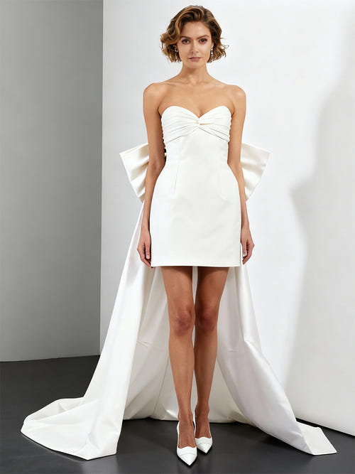 A-Line/Princess Little White Dresses Taffeta Party Dresses Sweetheart Sleeveless Short/Mini Wedding Dress With Big Bow