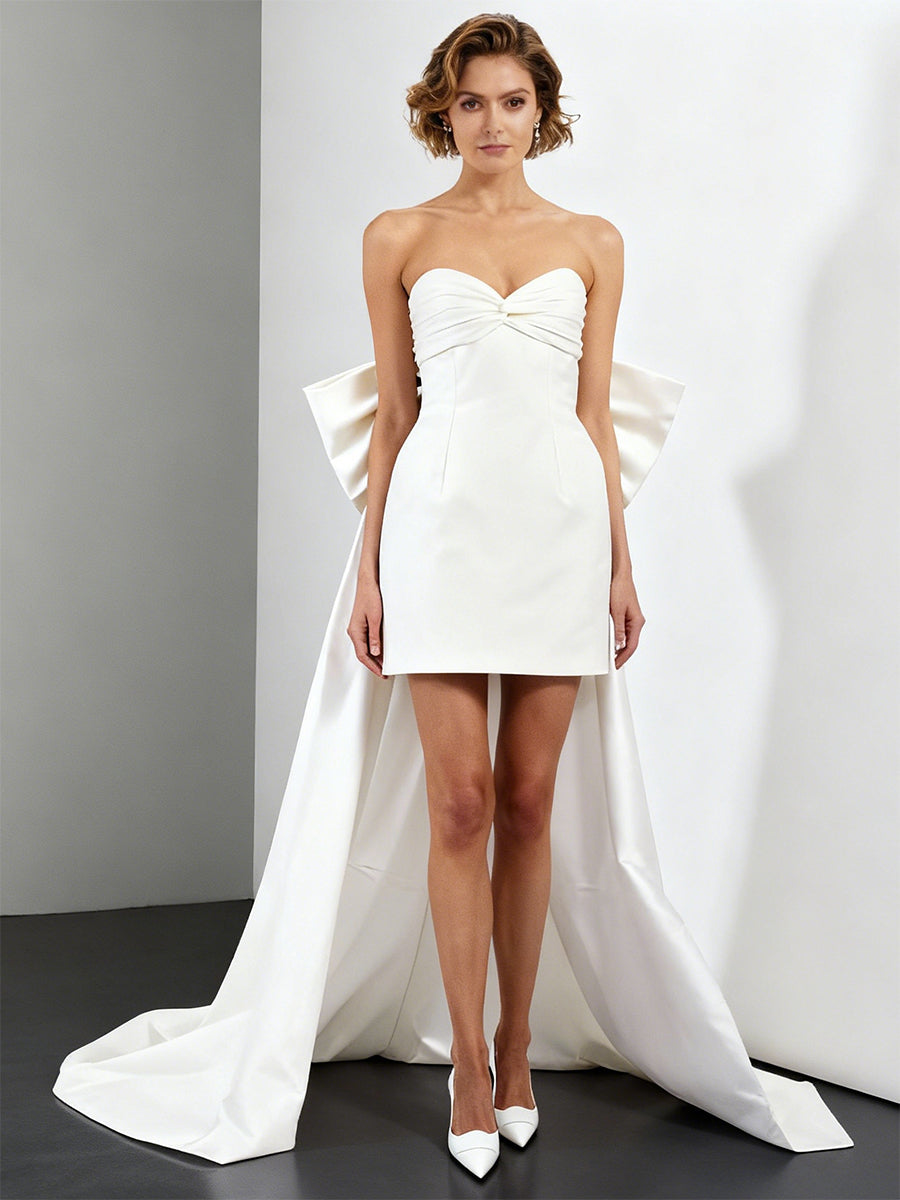 A-Line/Princess Little White Dresses Taffeta Party Dresses Sweetheart Sleeveless Short/Mini Wedding Dress With Big Bow