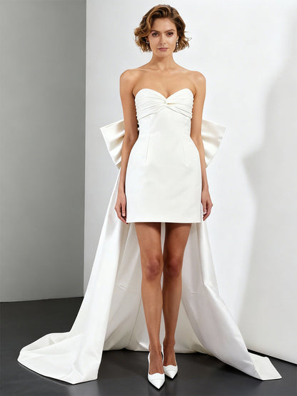 A-Line/Princess Little White Dresses Taffeta Party Dresses Sweetheart Sleeveless Short/Mini Wedding Dress With Big Bow