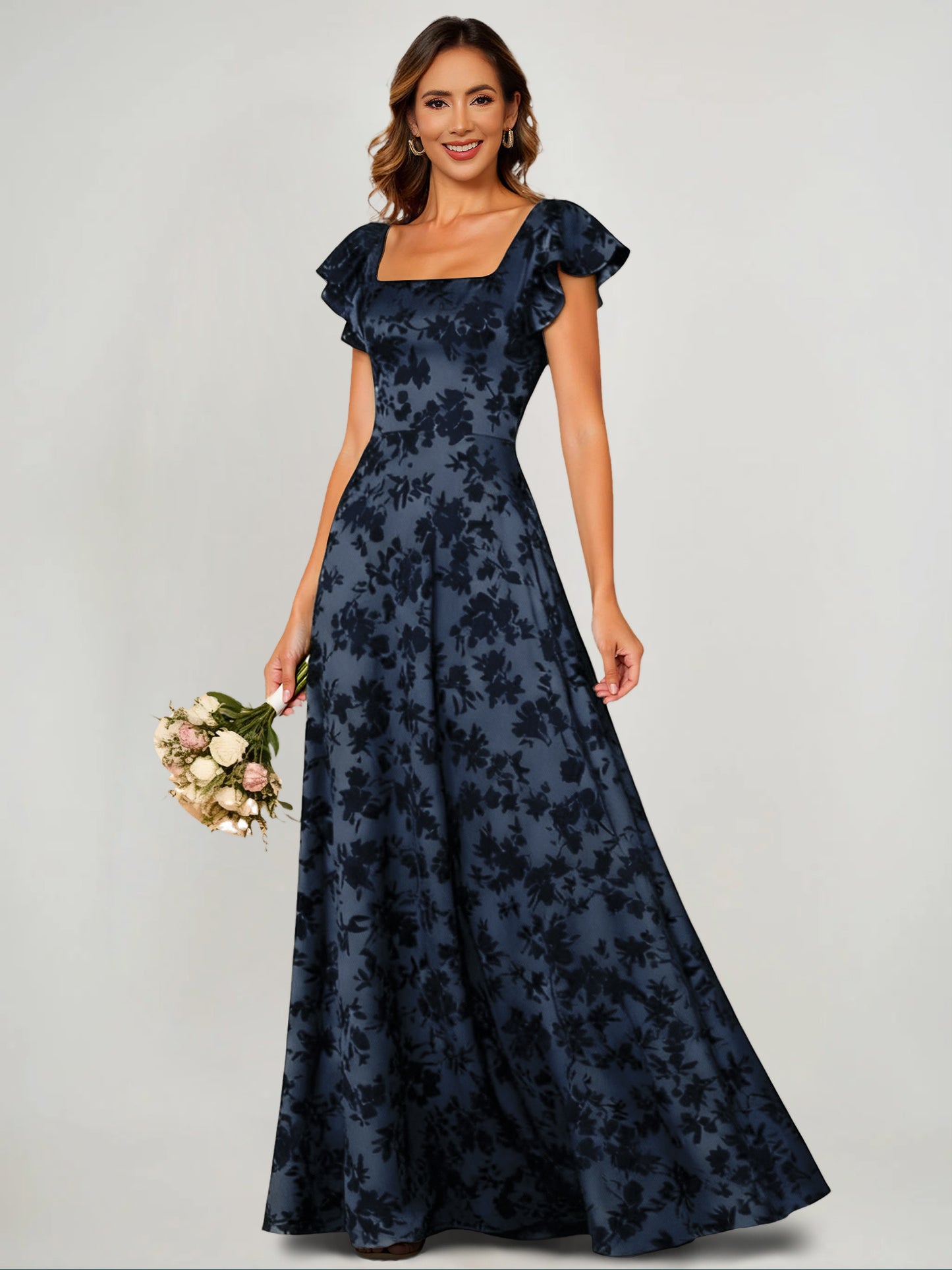 A-Line/Princess Velvet Wedding Guest Dress Square Neck Sleeveless Floor Length Bridesmaid Dress