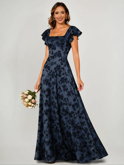 A-Line/Princess Velvet Wedding Guest Dress Square Neck Sleeveless Floor Length Bridesmaid Dress