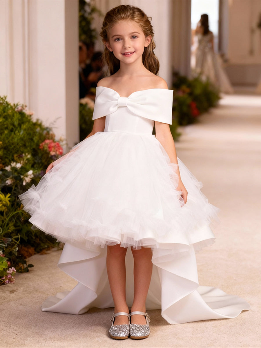 Ball Gown Flower Girl Dresses Tulle Birthday Dresses Off-the-Shoulder Sleeveless Asymmetrical Party Dresses With Bow