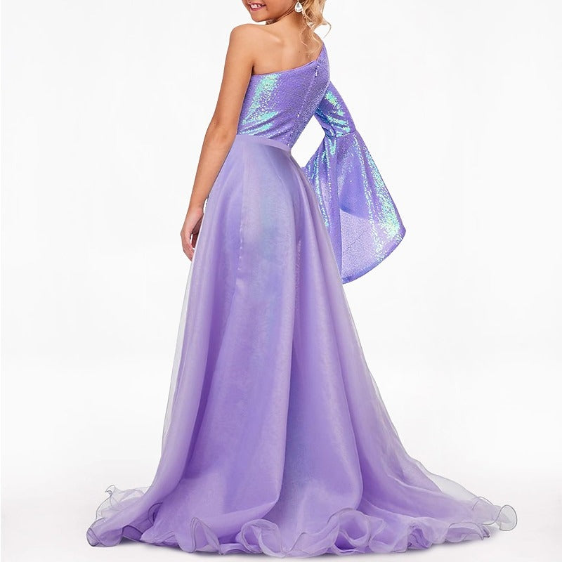 Nafori Purple Jumpsuits Flower Girl Dress Sequin One-Shoulder Floor Length Juniors Cute Party Dresses Fit 3-16 Years Old 2026