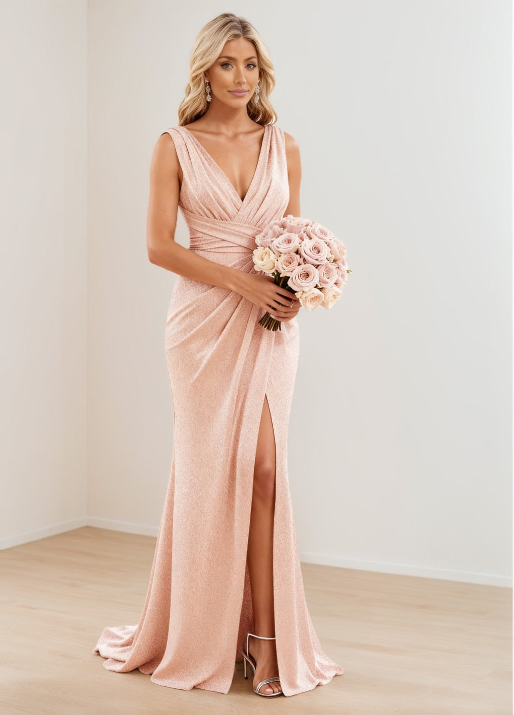 Sheath/Column V-Neck Sleeveless Floor-Length  Chiffon Bridesmaid Dress