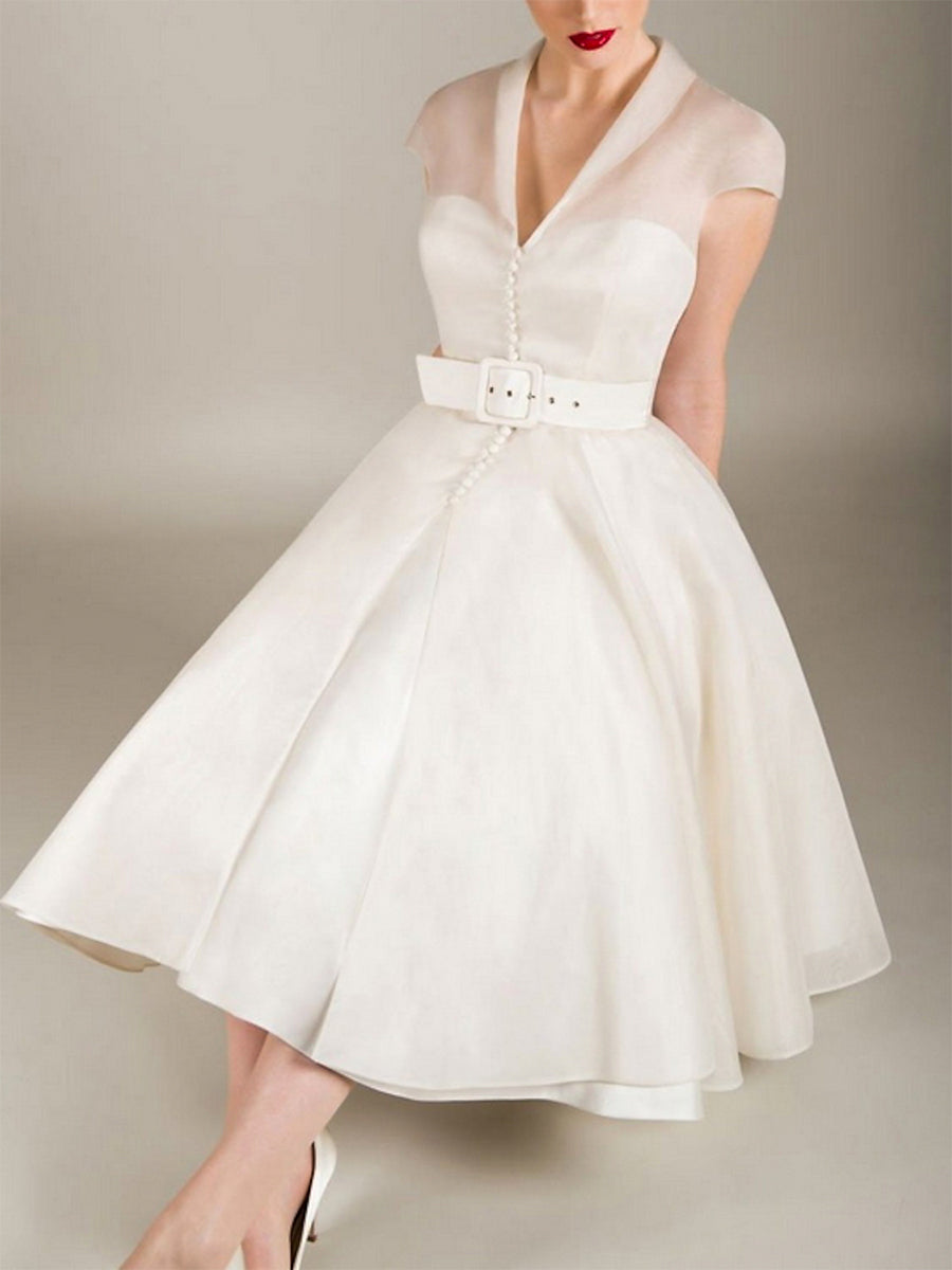 Nafori White A-Line/Princess Little White Dress Organza Formal/Wedding Dresses Sweetheart&V-Neck Short Sleeves Tea-Length Cocktail Dresses With Sash