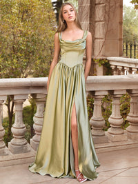 A-Line/Princess Prom Dresses Satin Scoop Neck Sleeveless Floor-Length With Side Split&Back Zipper