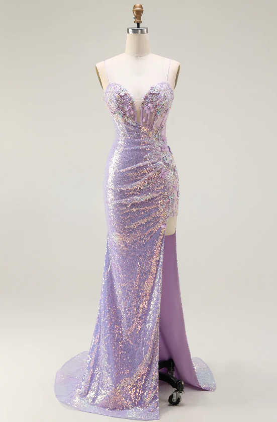 Sheath/Column Long Prom Dresses Sequin Party Dresses Spaghetti Straps&Sweetheart Sleeveless Floor-length With Side Split/Appliques