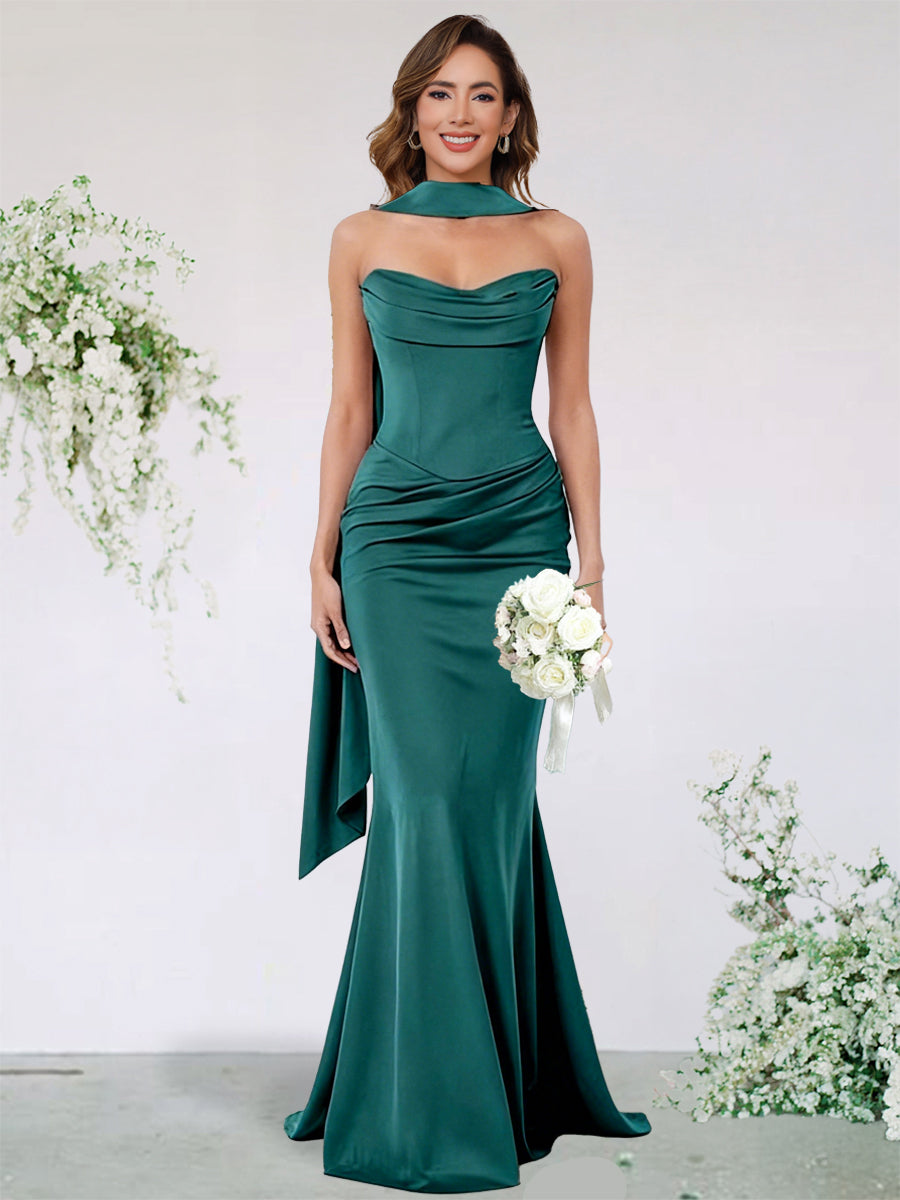 Trumpet/Mermaid Satin Bridesmaid Dresses For Wedding Sweetheart Sleeveless Floor-Length Scraf Stain Dresses With Pleats